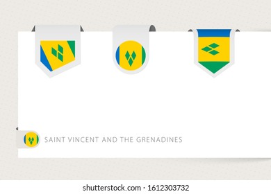 Label flag collection of Saint Vincent and the Grenadines in different shape. Ribbon flag template of Saint Vincent and the Grenadines hanging from paper or different surface.