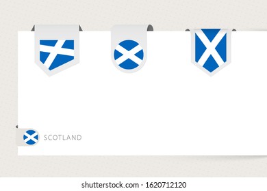 Label flag collection of Scotland in different shape. Ribbon flag template of Scotland hanging from paper or different surface.