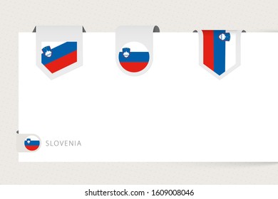 Label flag collection of Slovenia in different shape. Ribbon flag template of Slovenia hanging from paper or different surface.