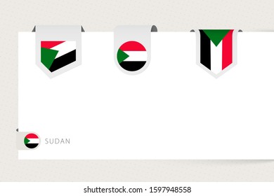 Label flag collection of Sudan in different shape. Ribbon flag template of Sudan hanging from paper or different surface.