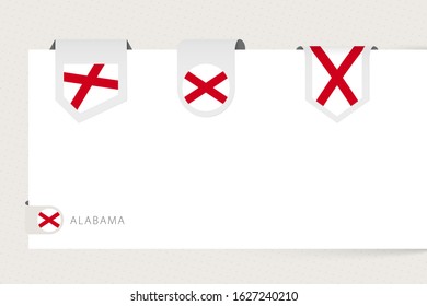 Label flag collection of US state Alabama in different shape. Ribbon flag template of Alabama hanging from paper or different surface.