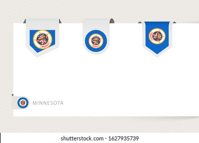 Label flag collection of US state Minnesota in different shape. Ribbon flag template of Minnesota hanging from paper or different surface.
