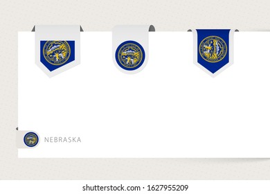Label flag collection of US state Nebraska in different shape. Ribbon flag template of Nebraska hanging from paper or different surface.