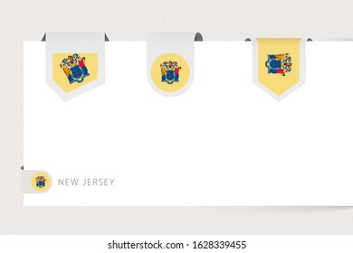 Label flag collection of US state New Jersey in different shape. Ribbon flag template of New Jersey hanging from paper or different surface.