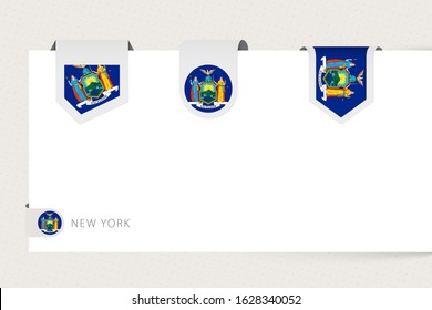 Label flag collection of US state New York in different shape. Ribbon flag template of New York hanging from paper or different surface.