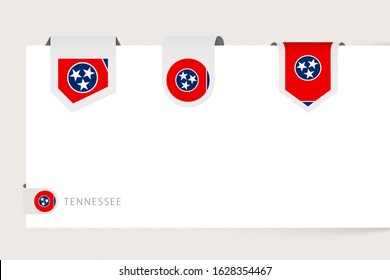 Label flag collection of US state Tennessee in different shape. Ribbon flag template of Tennessee hanging from paper or different surface.