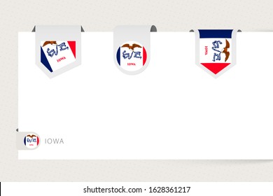 Label flag collection of US state Iowa in different shape. Ribbon flag template of Iowa hanging from paper or different surface.