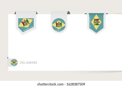 Label flag collection of US state Delaware in different shape. Ribbon flag template of Delaware hanging from paper or different surface.