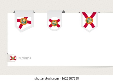 Label flag collection of US state Florida in different shape. Ribbon flag template of Florida hanging from paper or different surface.