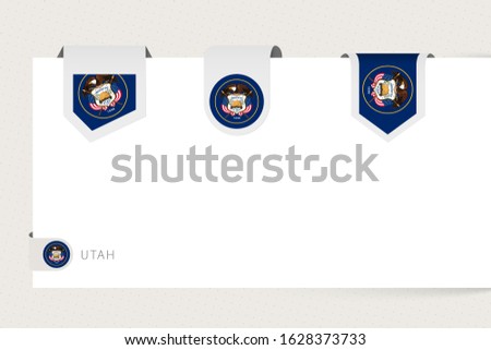 Label flag collection of US state Utah in different shape. Ribbon flag template of Utah hanging from paper or different surface.