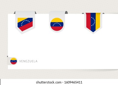 Label flag collection of Venezuela in different shape. Ribbon flag template of Venezuela hanging from paper or different surface.