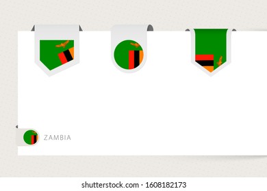 Label flag collection of Zambia in different shape. Ribbon flag template of Zambia hanging from paper or different surface.
