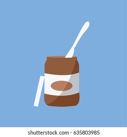 label flat design style on a chocolate spread & paste container or jar clean modern vector & cream with a simple knife cartoon isolated & shadow