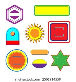 Label flat designs collection illustration vector of geometric shapes with various colors and designs. Assortment of purple hexagon, green rectangle, red square, blue arch, sun, circles, star