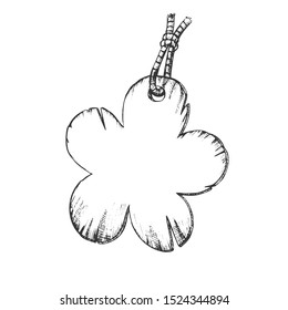 Label In Flower Form Hanging On Rope Ink Vector. Empty Shabby Label Clothes Element For Rate Or Product Information. Engraving Template Hand Drawn In Vintage Style Black And White Illustration
