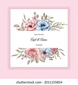 label flower pink blue watercolor frame wedding invitation