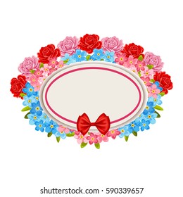 Label with flowers and red bow. Vector illustration