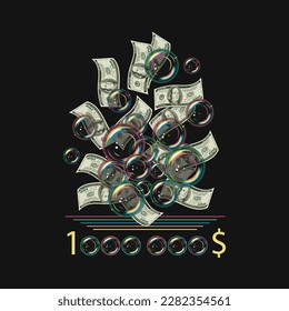 Label with flying dollar bills, soap bubbles. Concept of inflation, depreciation of money, disappearance of savings, fraud and swindle. Vector colorful illustration in vintage style.