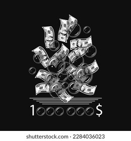 Label with flying dollar bills, soap bubbles. Concept of inflation, depreciation of money, disappearance of savings, fraud and swindle. Vector monochrome illustration in vintage style.