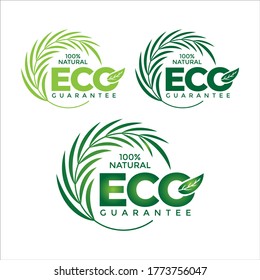 Label food products 100% organic, natural, eco guarantee, with circle leaf. Vector illustration for design of environmentally friendly product packaging, stickers, stamps etc.