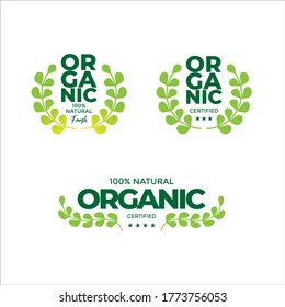 Label food products 100% organic, natural, eco guarantee, fresh, with circle leaf. Vector illustration for design of environmentally friendly product packaging, stickers, stamps etc.