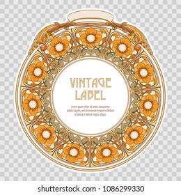 Label for food products or cosmetics in art nouveau style, vintage, old, retro style. Isolated. Template with space for text. Stock vector illustration.