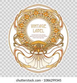 Label for food products or cosmetics in art nouveau style, vintage, old, retro style. Isolated. Template with space for text. Stock vector illustration.