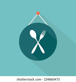 Label with fork and spoon icon. Flat style with long shadow. Vector illustration 