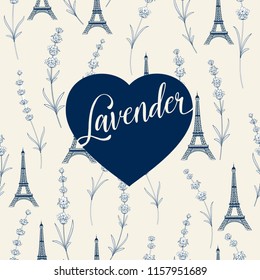 Label in the form of a heart with sign Lavender against of it. Pattern of lavender flowers and eiffel towers on a gray background.