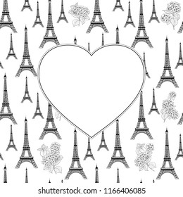 Label in the form of a heart with text place. Pattern of hydrangea flowers on a white background. Vector illustration.