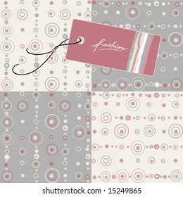  label and four seamless patterns with circles and dots, soft colors, great for fashion industry