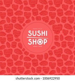 Label and frame with pattern for sushi shop. Illustration in linocut style 