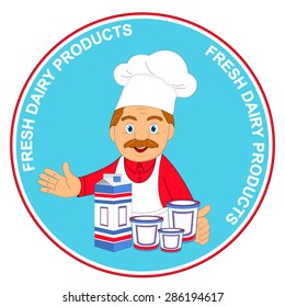 Label of fresh dairy products.milkman with their products, illustration, vector