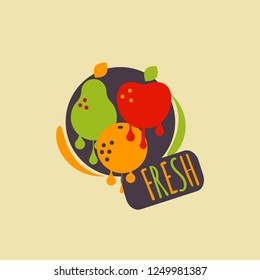Label fresh fruit. Apple, pear and orange with dripping drops. Vector illustration for organic cafe, element menu