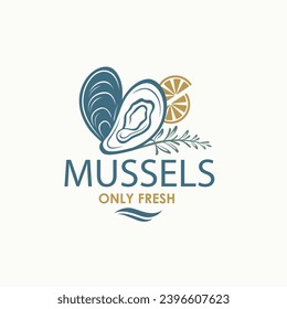 label of fresh mussel shell isolated on light background