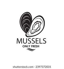 label of fresh mussel shell isolated on light background