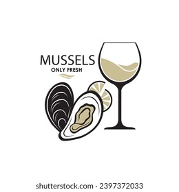 label of fresh mussel shell isolated on light background