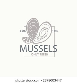 label of fresh mussel shell isolated on light background
