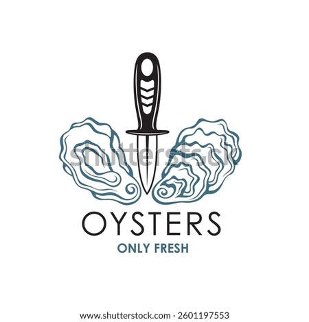 label of fresh oyster shell and knife isolated on white background