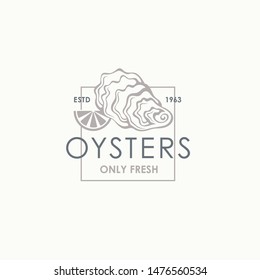 label of fresh oyster shell and lemon isolated on light background