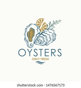 label of fresh oyster shell and lemon isolated on light background