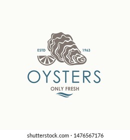 label of fresh oyster shell and lemon isolated on light background