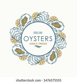 label of fresh oyster shell and lemon isolated on light background