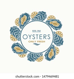 label of fresh oyster shell and lemon isolated on light background