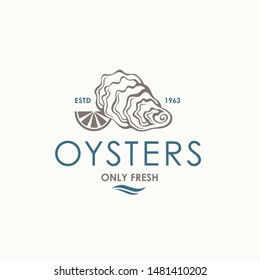 label of fresh oyster shell and lemon isolated on light background