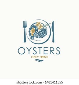 label of fresh oyster shell and lemon on plate isolated on light background