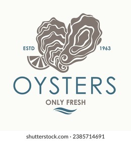 label of fresh oyster shell and lemon isolated on light background