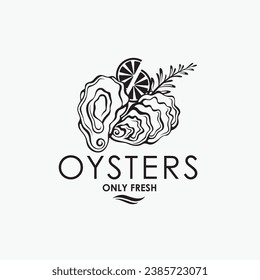 label of fresh oyster shell and lemon isolated on light background