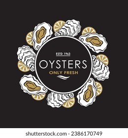 label of fresh oyster shell and lemon isolated on black background