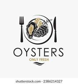 label of fresh oyster shell and lemon on plate isolated on light background